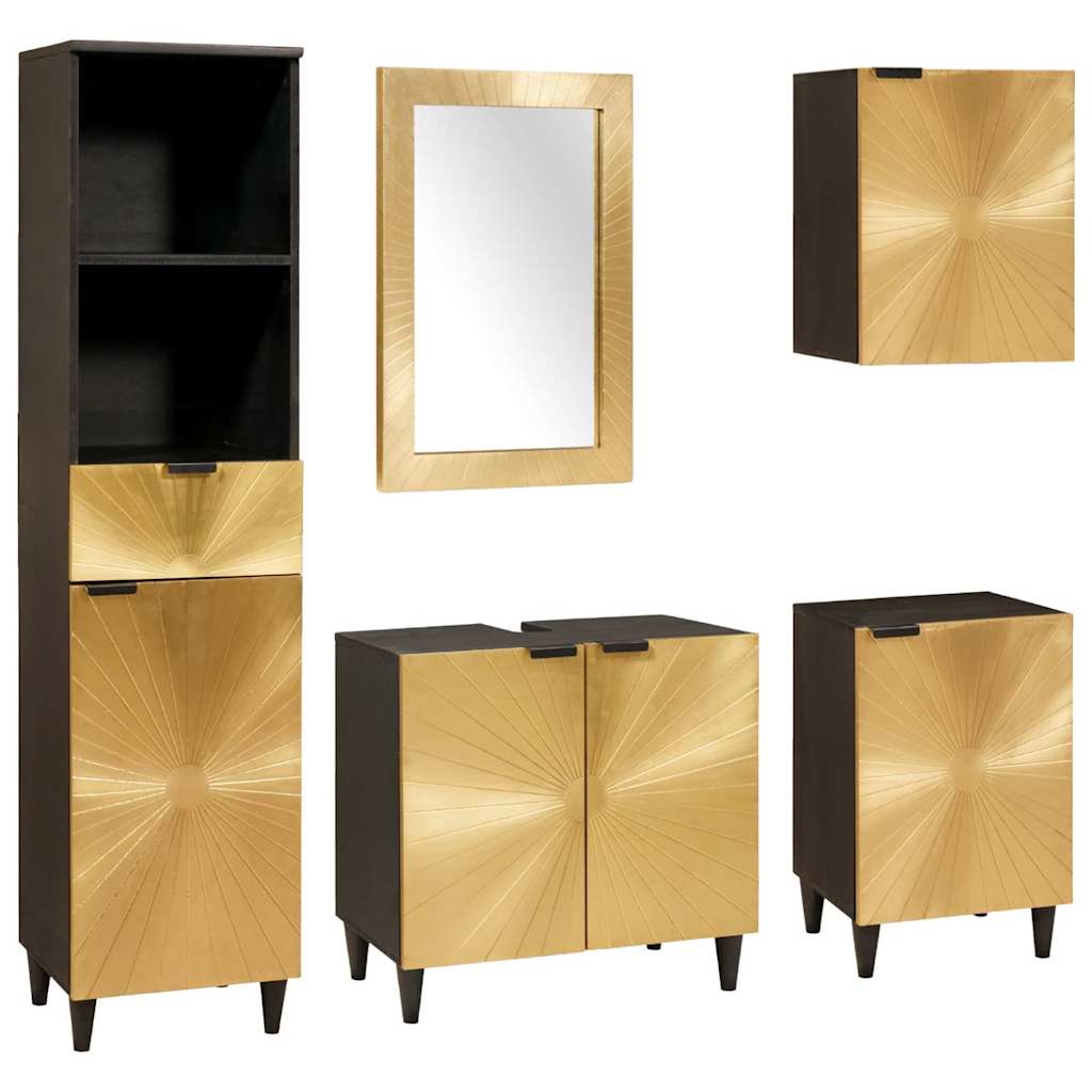 Bathroom Furniture Sets 5 pcs Black and Gold Solid mango wood
